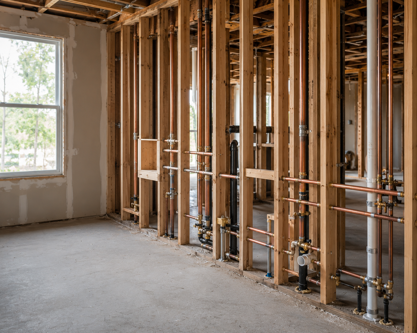 New copper repipe lines run through a South Bay home's wall framing