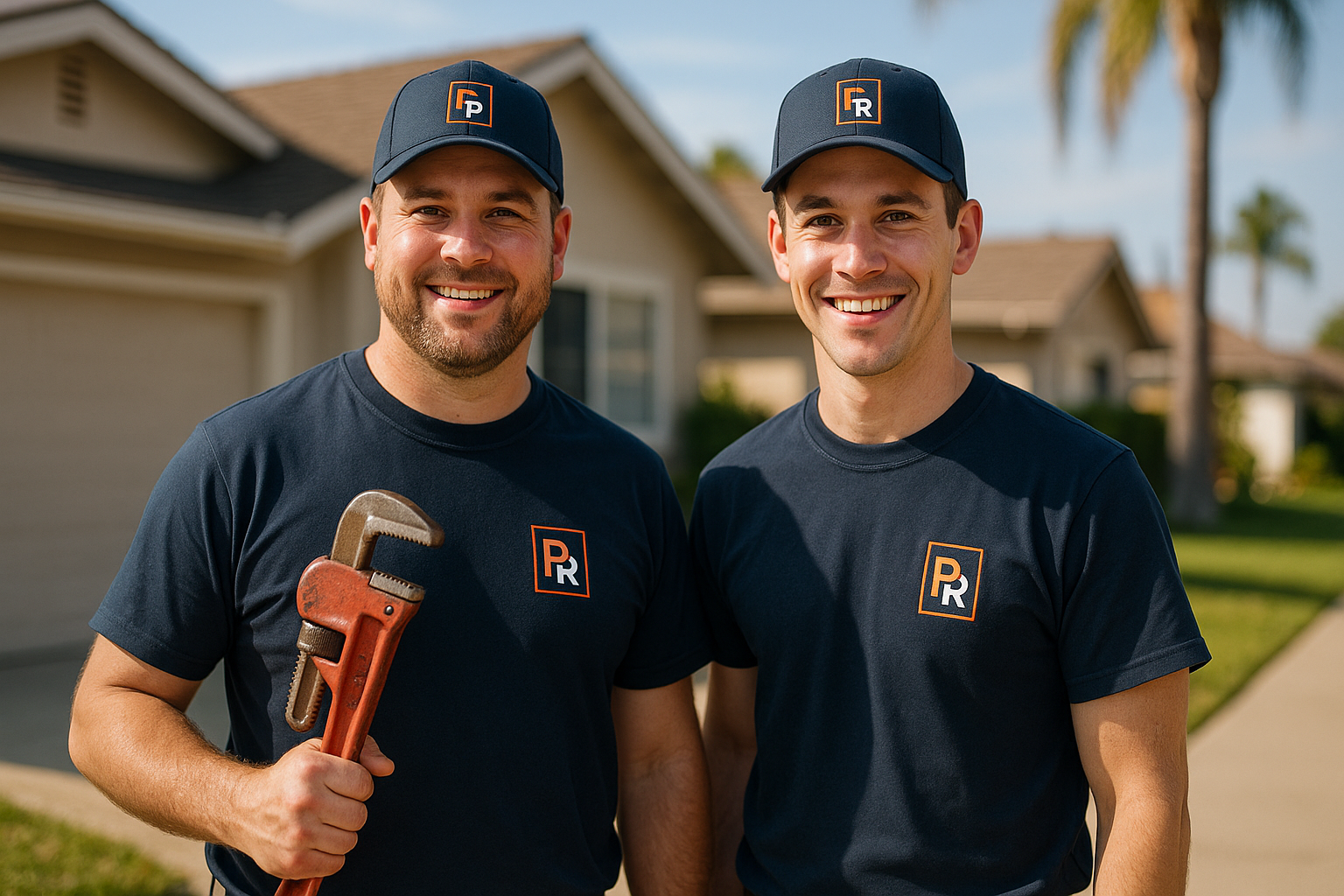 Plumb Right plumbers in branded uniforms in front of a South Bay home